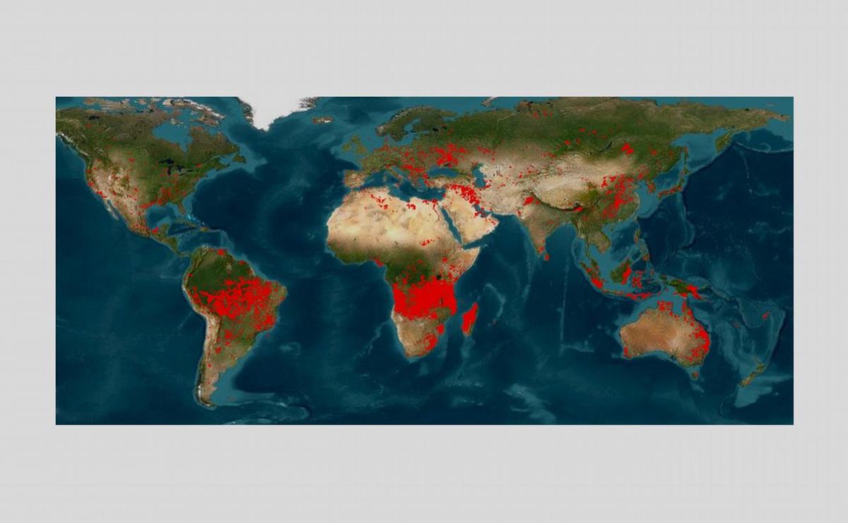 FOTO: Mapa de la Nasa. Incendios en el mundo hoy; Córdoba, alrededor de 15 mil hectáreas.