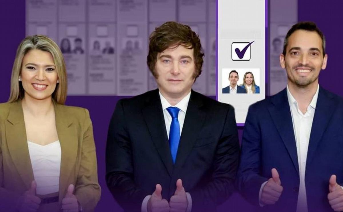 Los candidatos electos evangélicos Nadia Márquez y Gastón Riesco con Milei.