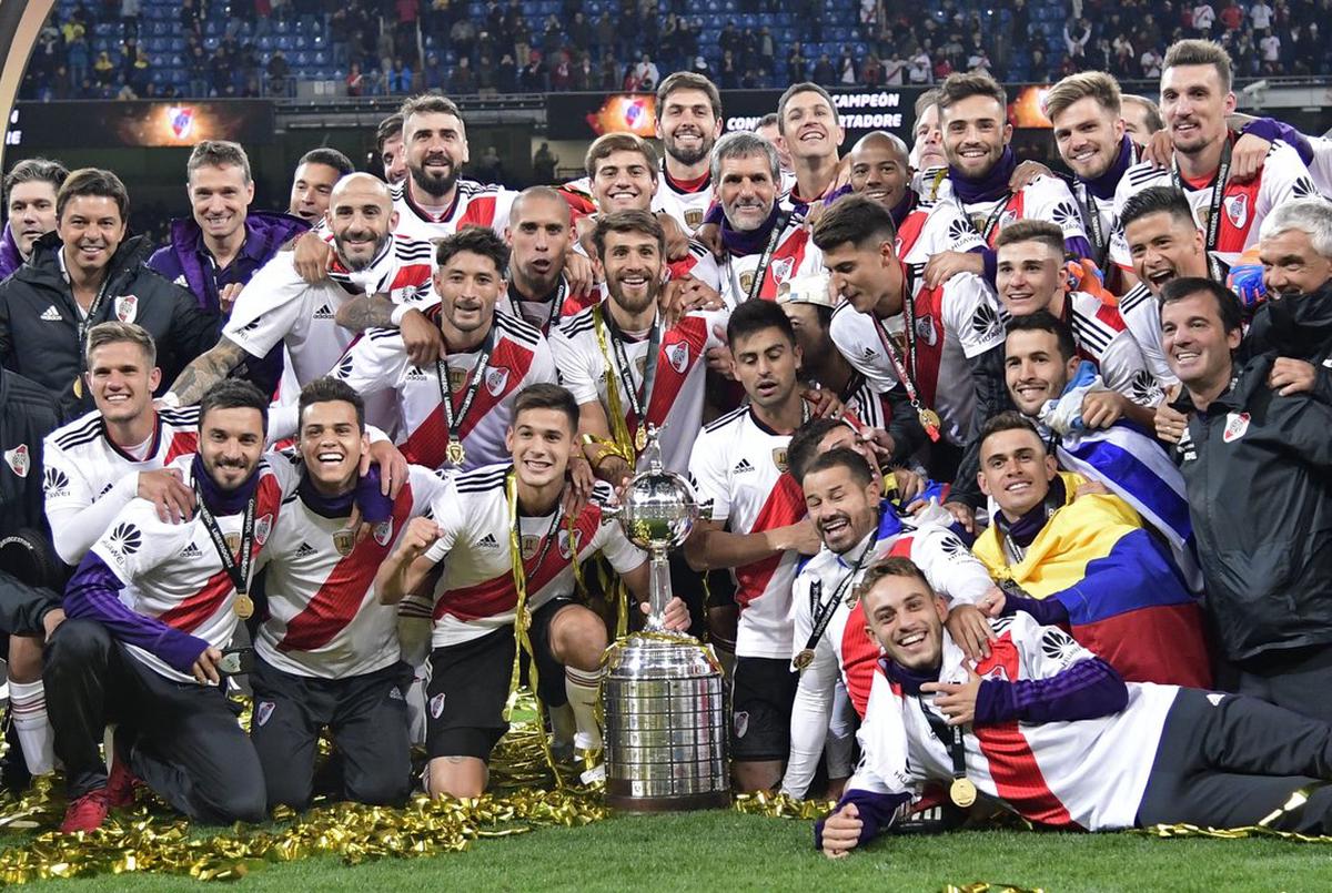 El plantel de River festejando la conquista de la Copa Libertadores 2018. Foto: Agencia NA (archivo).