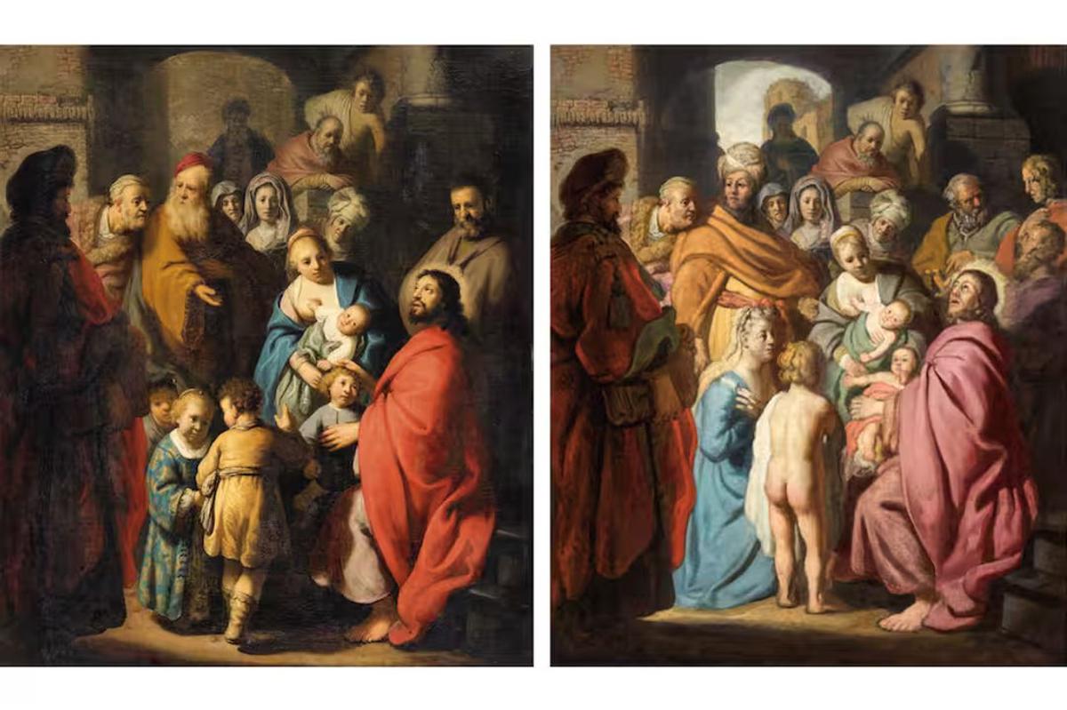 A la izquierda, la versión de Dejad que los niños vengan a mí encontrada en 2014. A la derecha, la versión original pintada por Rembrandt en 1627.