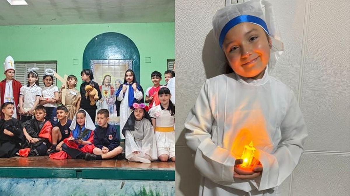 Alumnos disfrazados de santos.