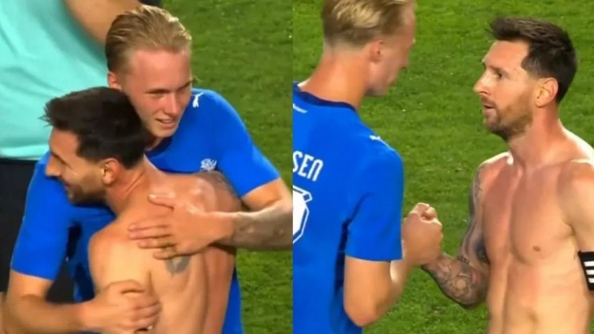 El astro rosarino se abrazó con el islandés Gudjohnsen (Foto: captura de TV de TyC)