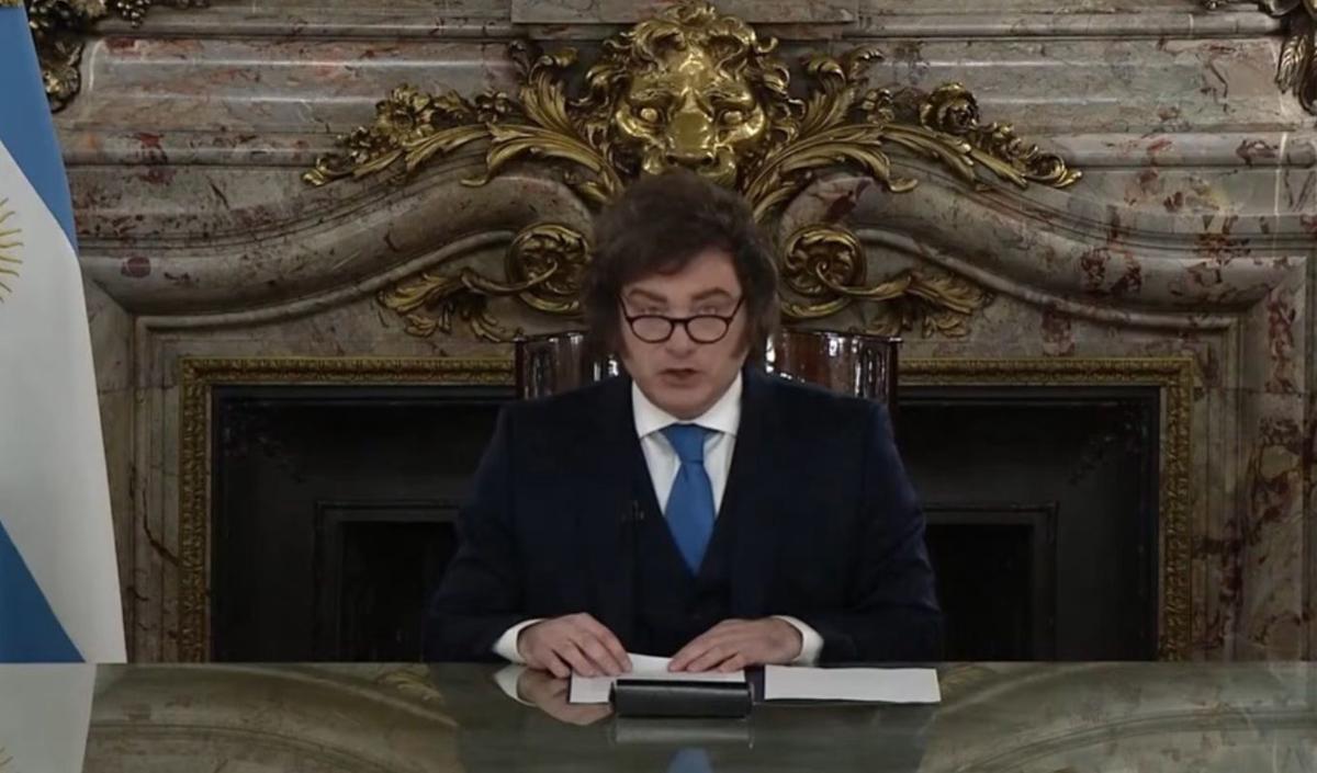 El presidente Javier Milei, durante su mensaje por cadena nacional (Foto: captura).