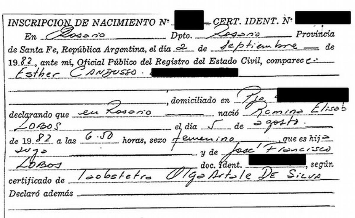 La partida de nacimiento de Romina Elisabet Lobos. Foto: Agencia NA (Unidad Fiscal Rosario)
