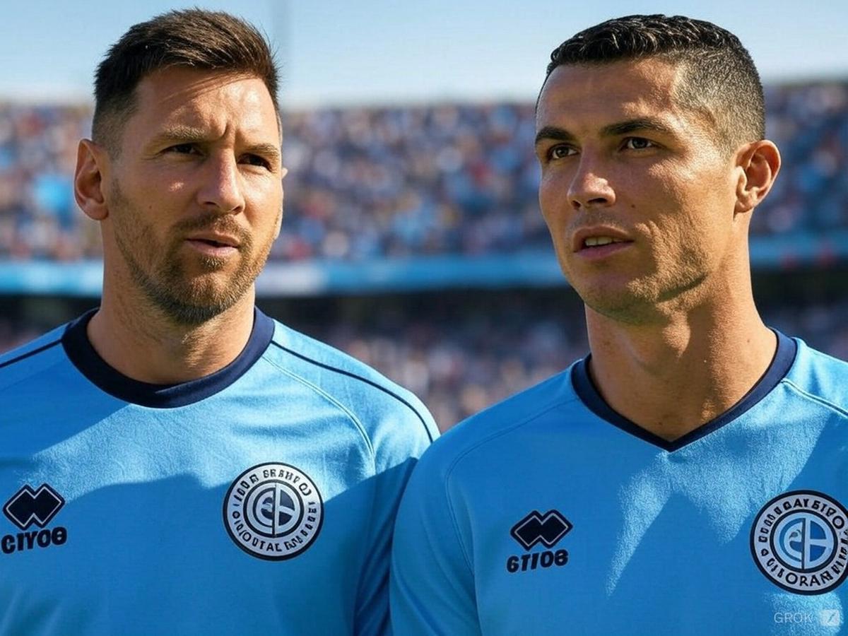 FOTO: Messi y Ronaldo, con la camiseta de Belgrano (imagen creada con IA).