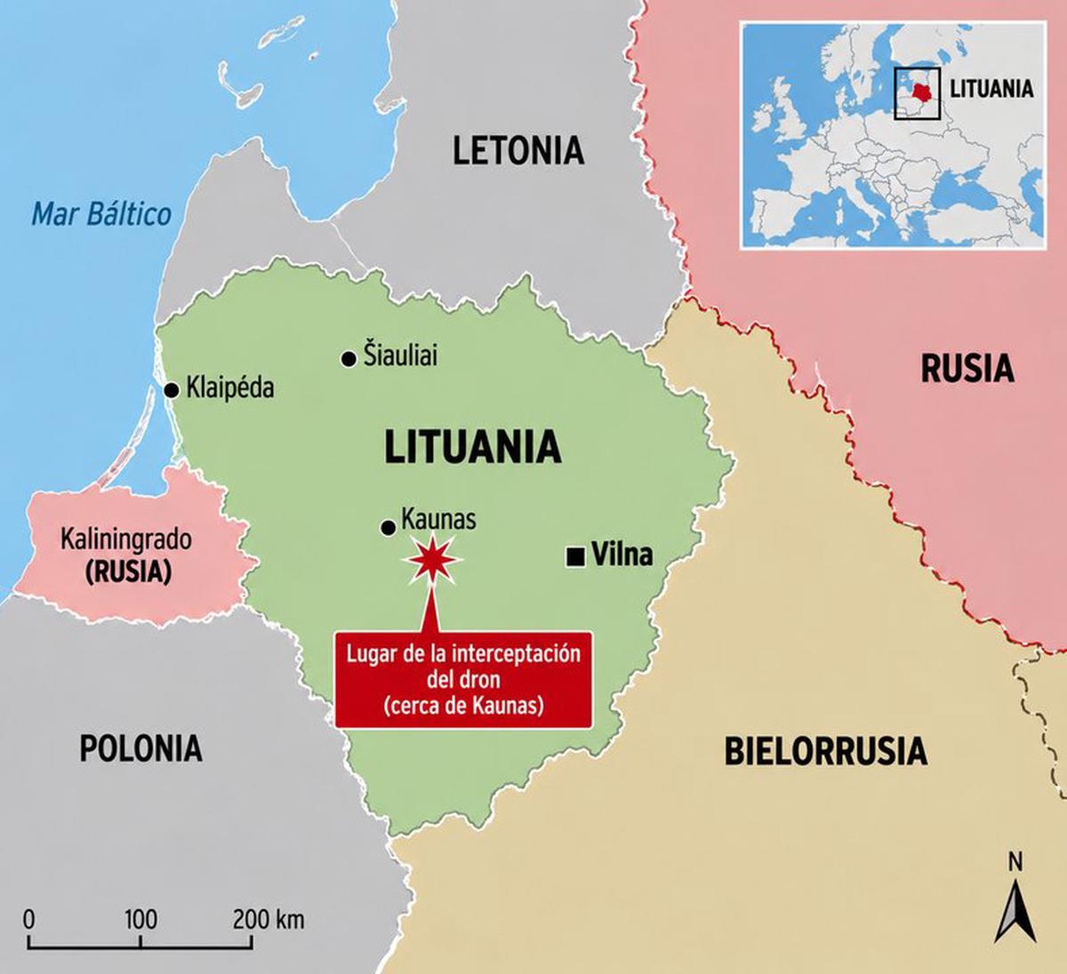 Lugar donde el dron fue derribado por aviones de la OTAN sobre territorio lituano, en la zona del Báltico.