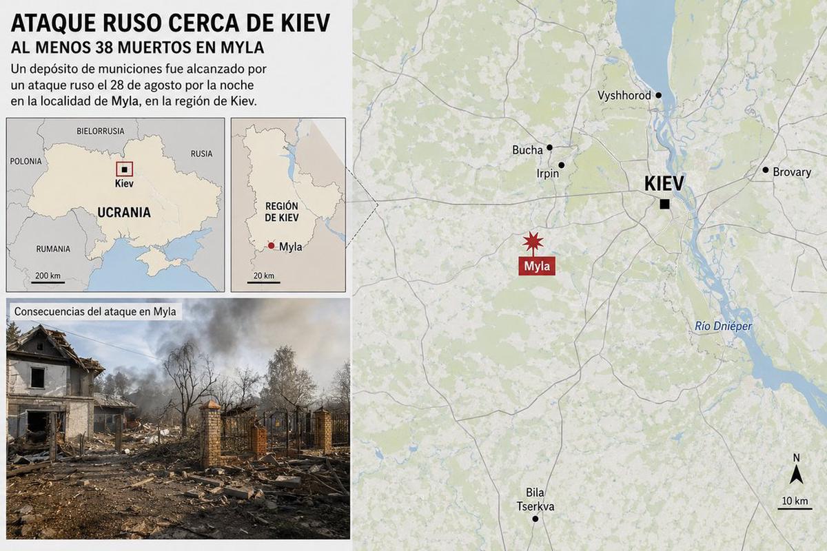 Mapa de la región de Kiev afectada por el ataque ruso, y parte de la destrucción que dejó en la zona de Myla.