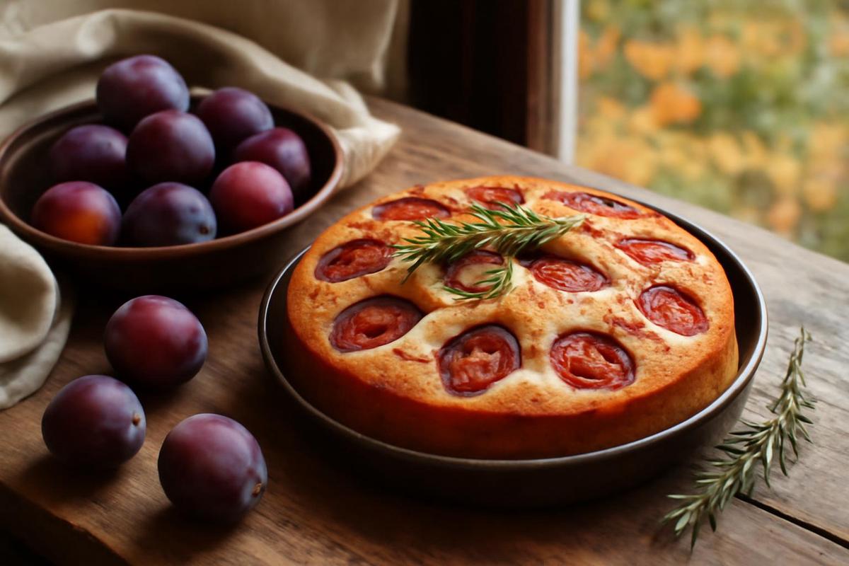 Pastel de ciruelas con almendras y romero