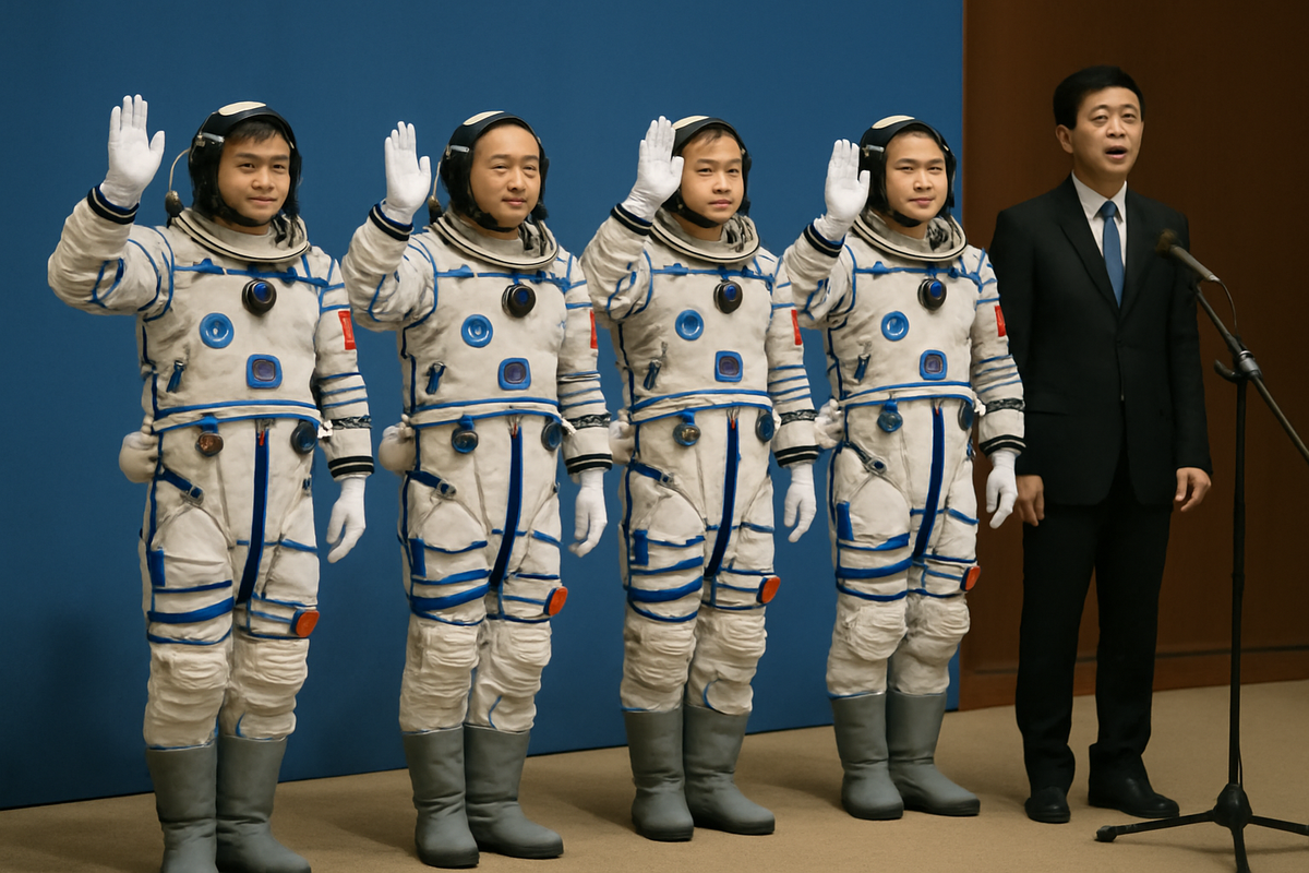 Astronautas de la misión Shenzhou 21 en el Centro de Lanzamiento de Satélites de Jiuquan