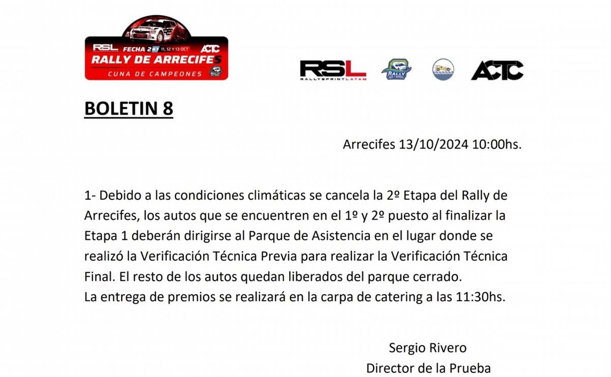 FOTO: El comunicado que suspendió la Etapa 2 del Rally de Arrecifes