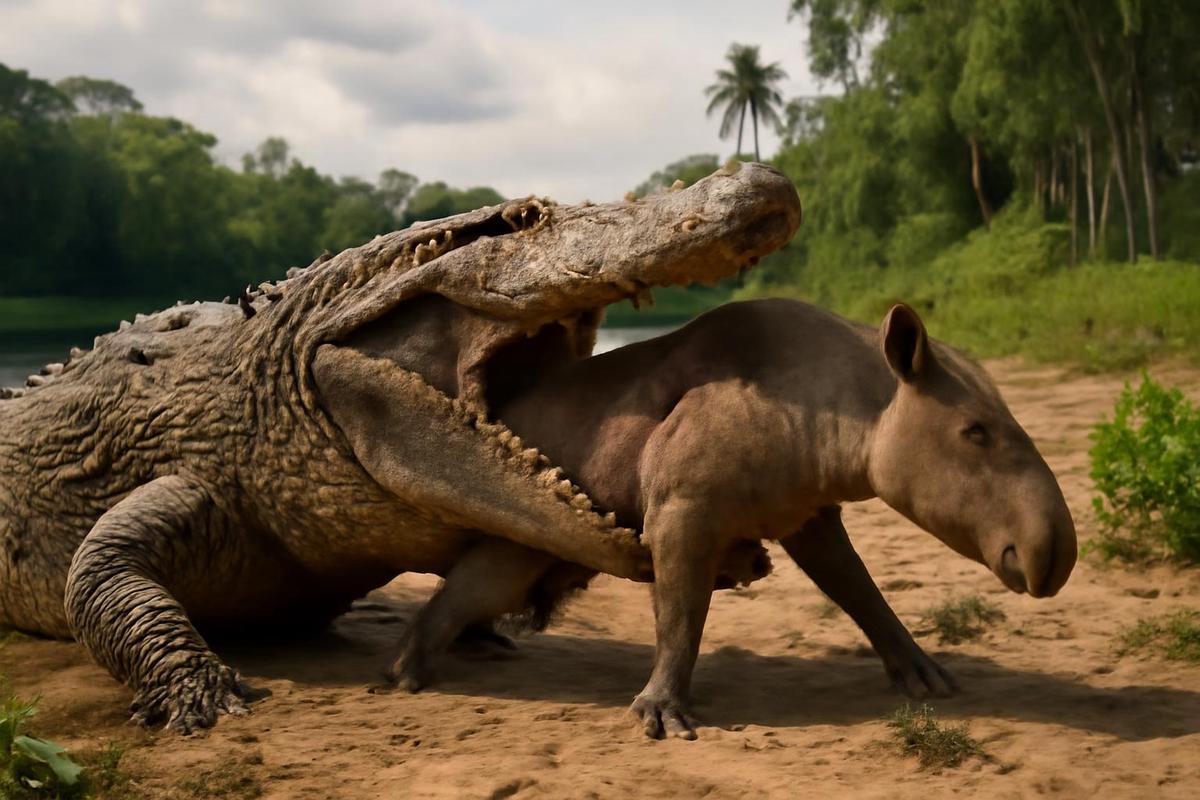 Recreación del Purussaurus atacando a un herbívoro gigante