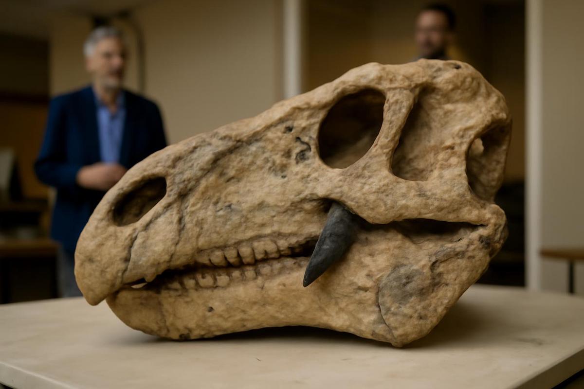 Diente de T. rex incrustado en cráneo de Edmontosaurus