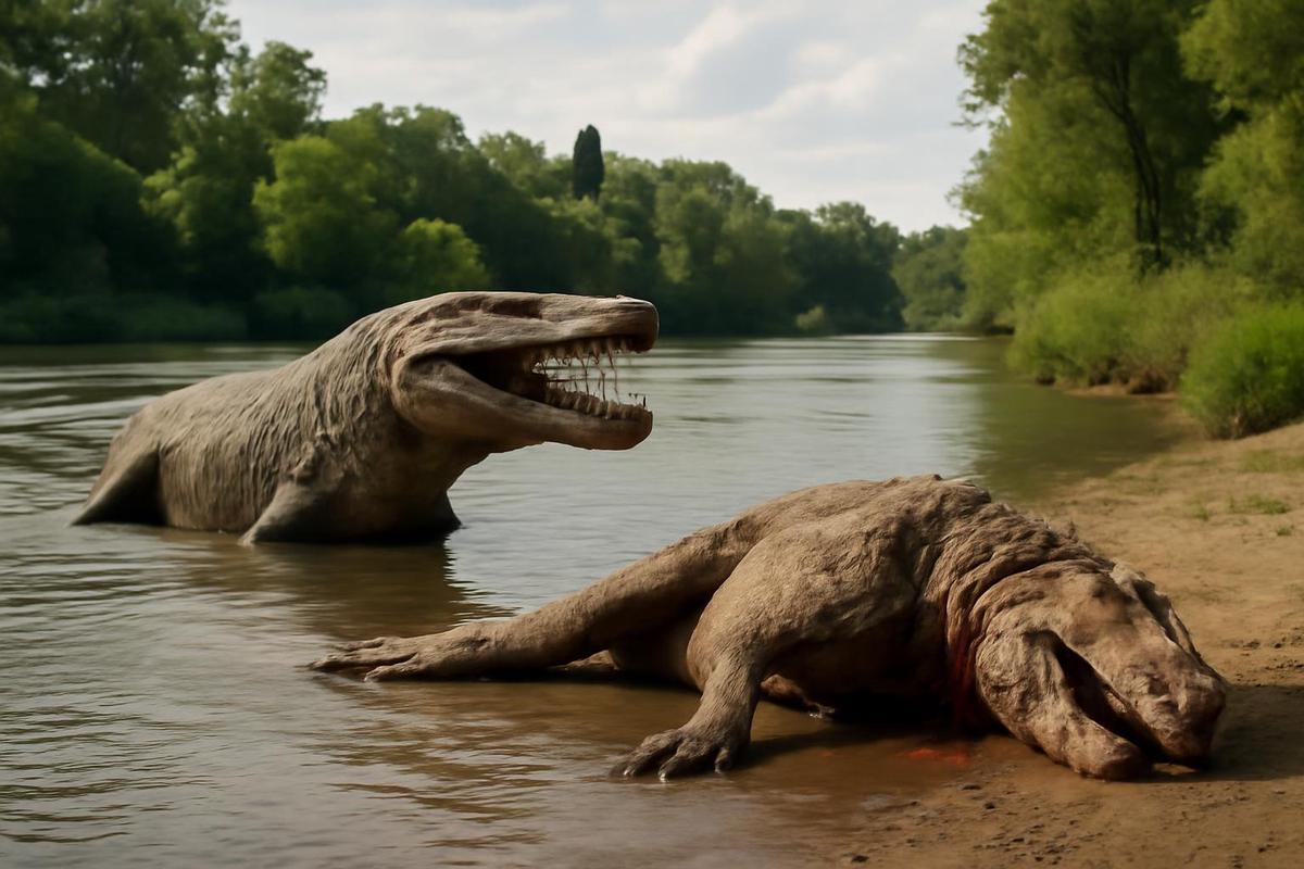 Mosasaurio en un entorno fluvial