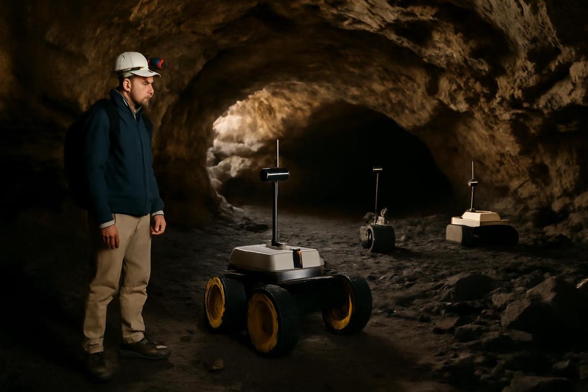 Robots explorando túneles de lava en Lanzarote