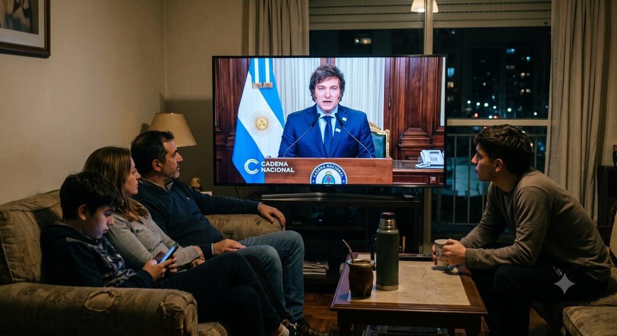 Cadena nacional de Javier Milei. Foto realizada con IA.