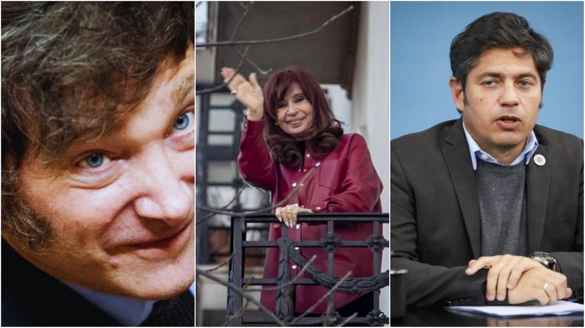 Javier Milei, Cristina Kirchner y Axel Kicillof.