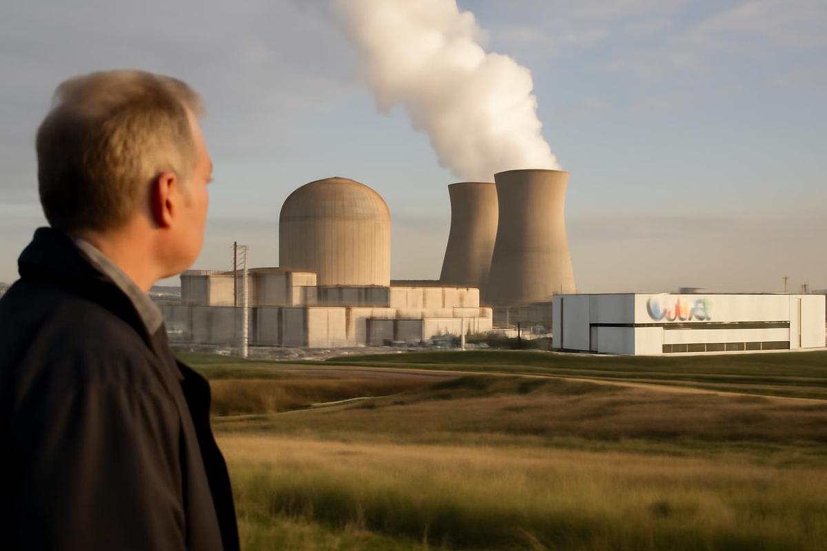 Cooling tower at nuclear power plant emits steam.
