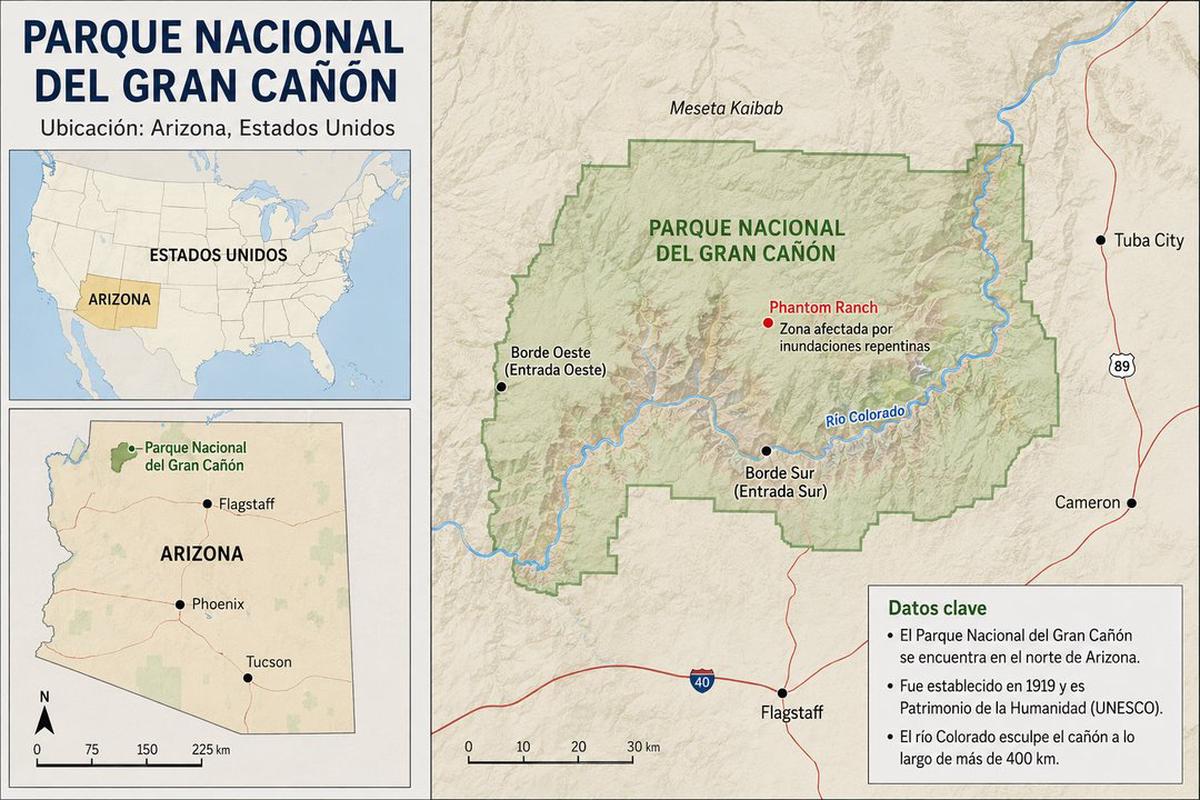 Mapa del Parque Nacional de Arizona afectado por fuertes tormentas e inundaciones.