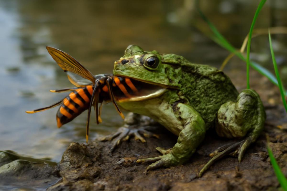 Rana de estanque y avispas