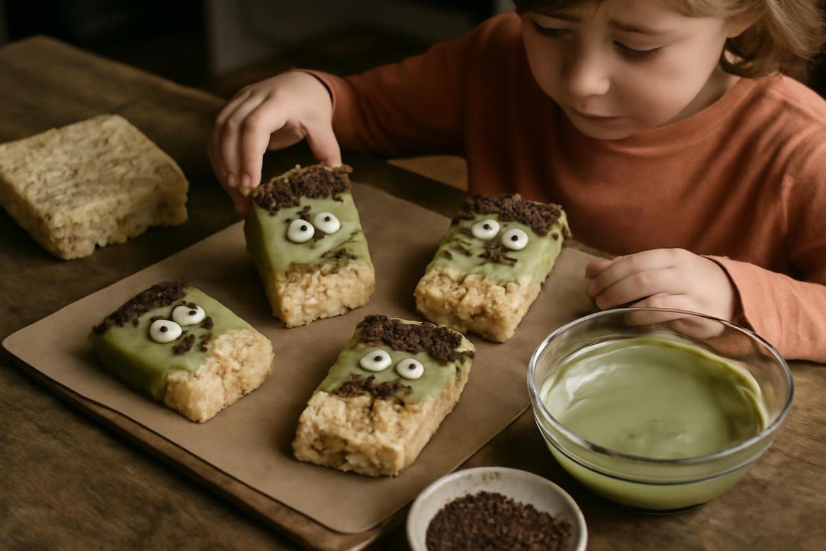 Barritas de arroz inflado estilo Frankenstein para Halloween