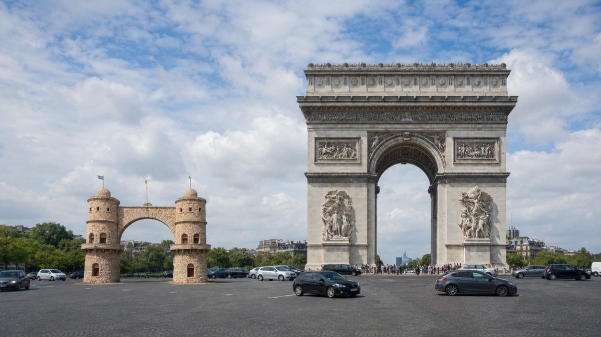 Comparación a escala aproximada entre el Arco de Córdoba y el Arco del Triunfo